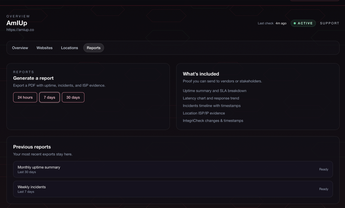 ISP outage report preview with uptime summary and incident timeline